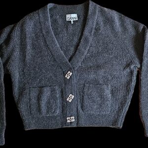 Ganni Dark Gray V-Neck Cropped Cardigan with Decorative Closures